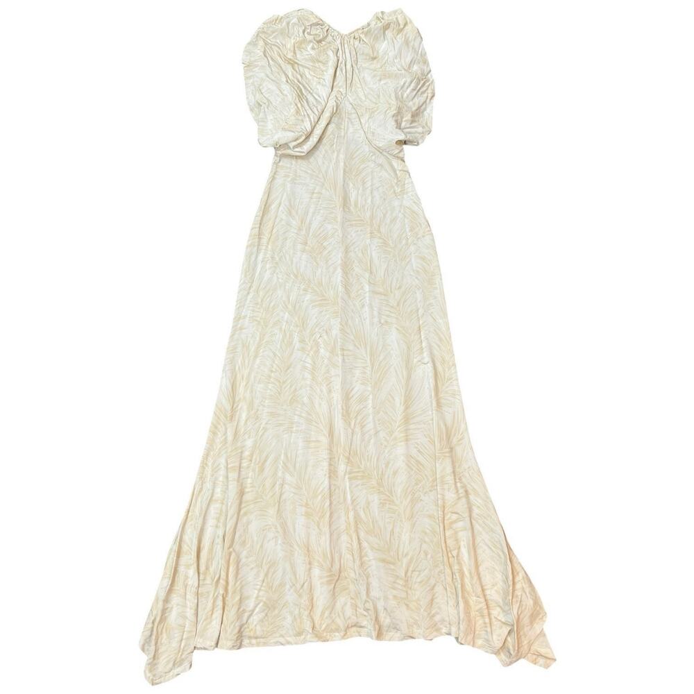Rabanne Feather Print Draped Capelet Long Dress Ecru Stretch Jersey - XS